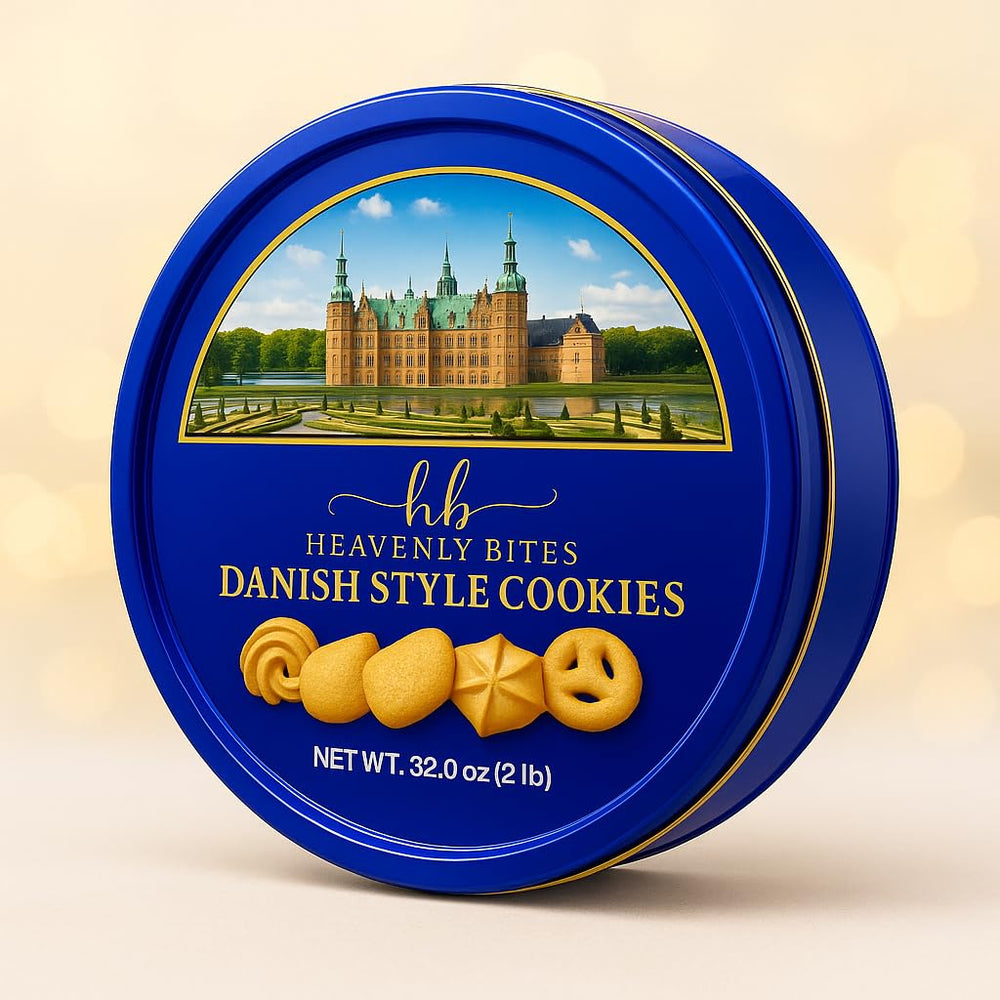 Luxurious Heavenly Bites butter cookies in a decorative tin for sharing with guests.