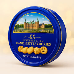 Luxurious Heavenly Bites butter cookies in a decorative tin for sharing with guests.