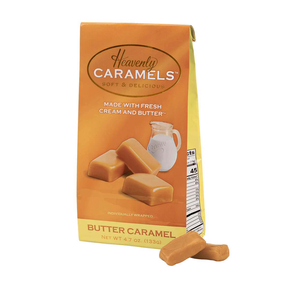 Heavenly Caramel butter caramels come in a 4.7 oz bag and offer a creamy bite-sized indulgence.