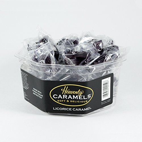Heavenly Caramel licorice-flavor tub; soft, chewy caramels ready for sharing.