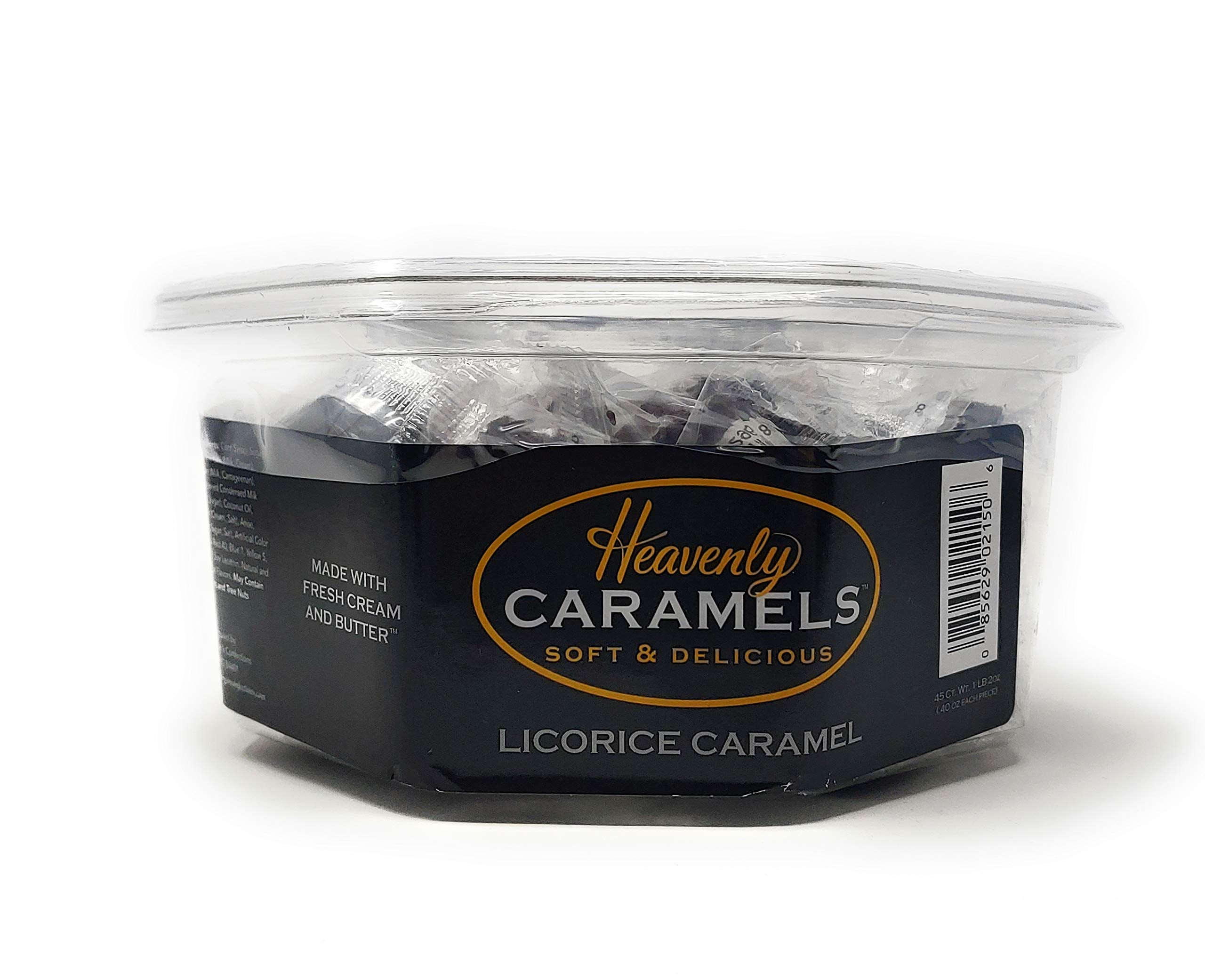 Close-up of Heavenly Caramel licorice caramels in a tub, showing creamy centers.