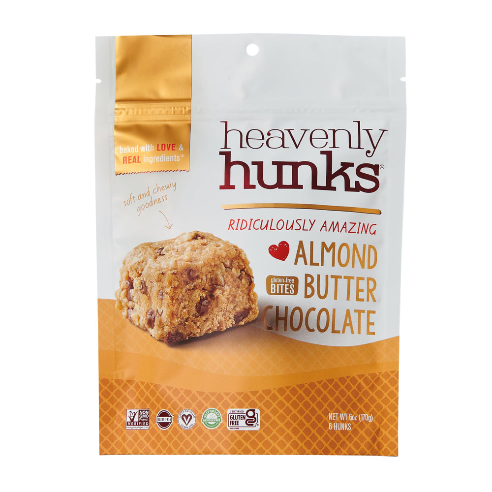 Heavenly Hunks almond butter chocolate chip bag, ready for on-the-go snacking.