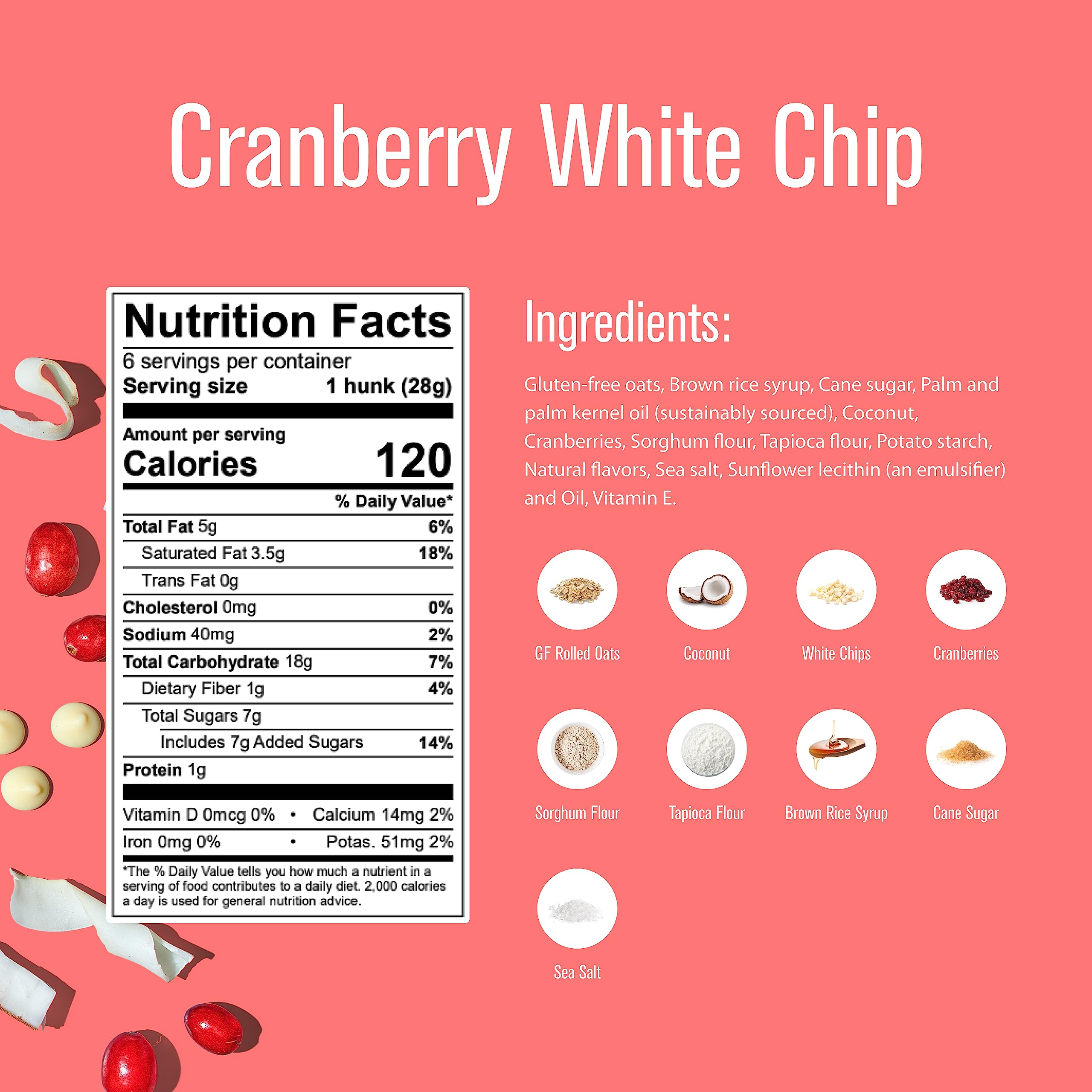 Ingredients close-up with oats, coconut, cranberries, and white chips in Heavenly Hunks.