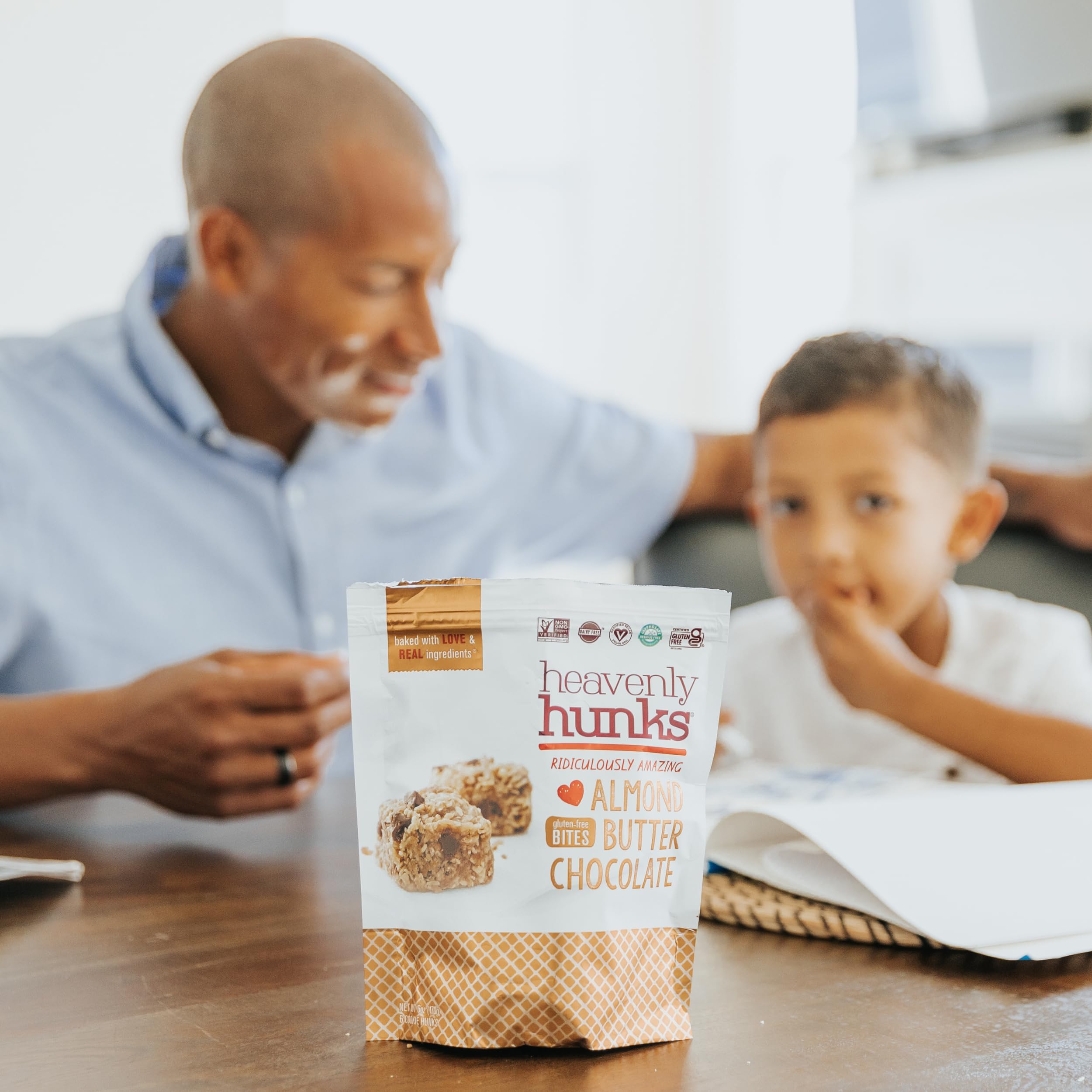 Heavenly Hunks ingredient list shows oats, coconut, and almond butter.
