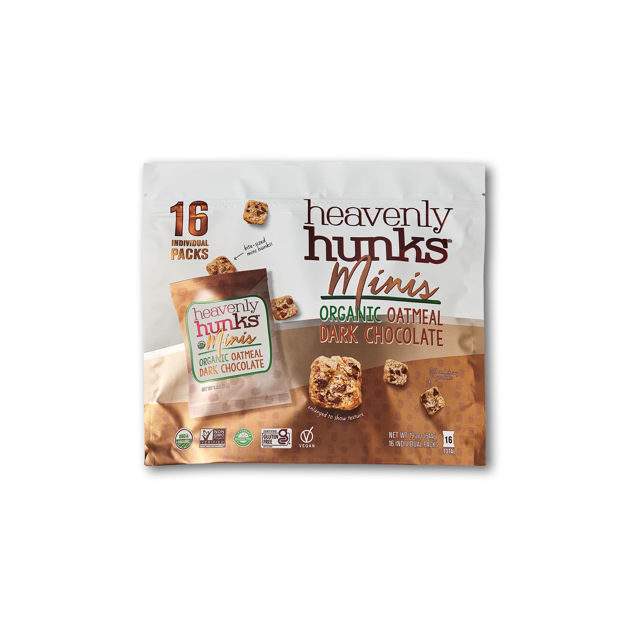 Heavenly Hunks organic oatmeal minis pack close-up, a convenient on-the-go gluten-free snack.