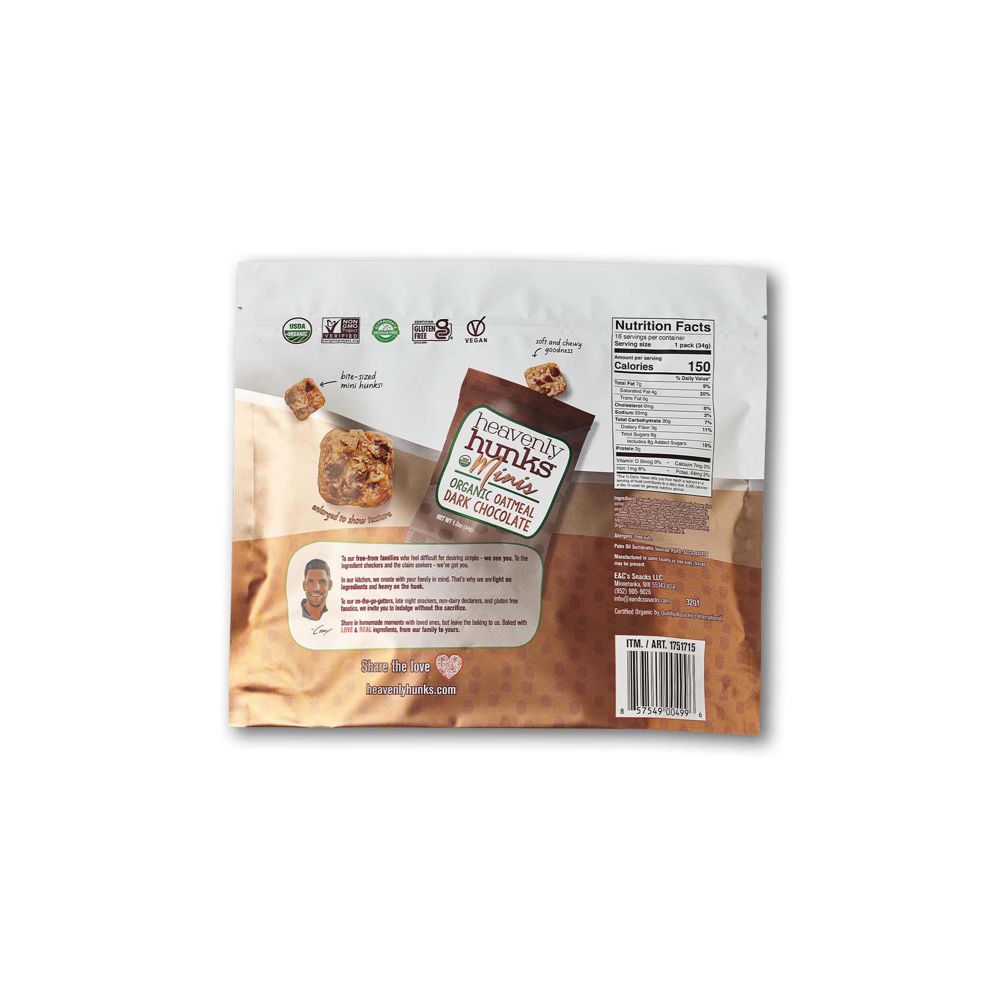 Vegan and gluten-free badge on Heavenly Hunks packaging emphasizes plant-based snacking.