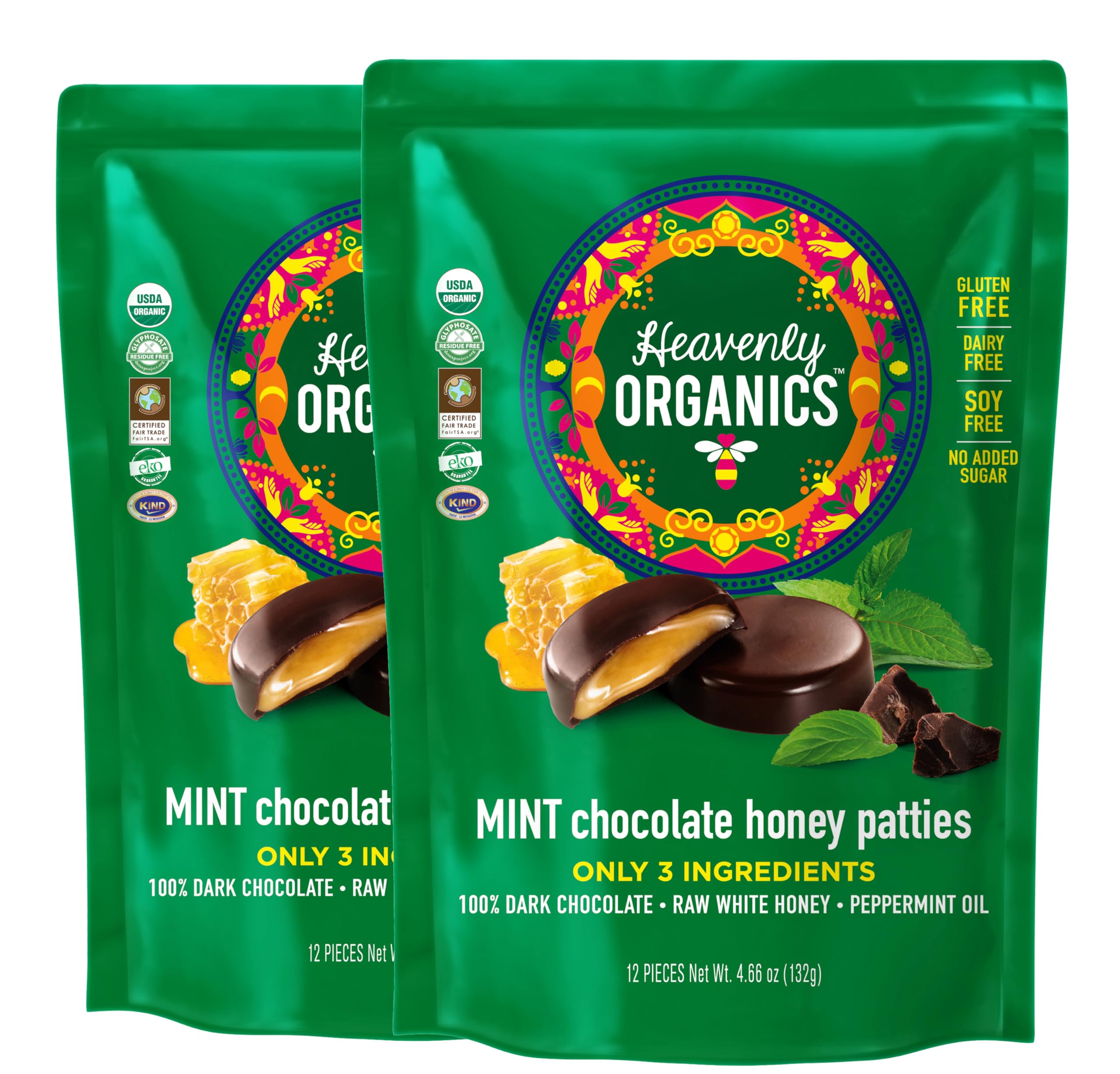 Heavenly Organics honey patty chocolate mint wrapped in a dark shell for a bite-sized treat.