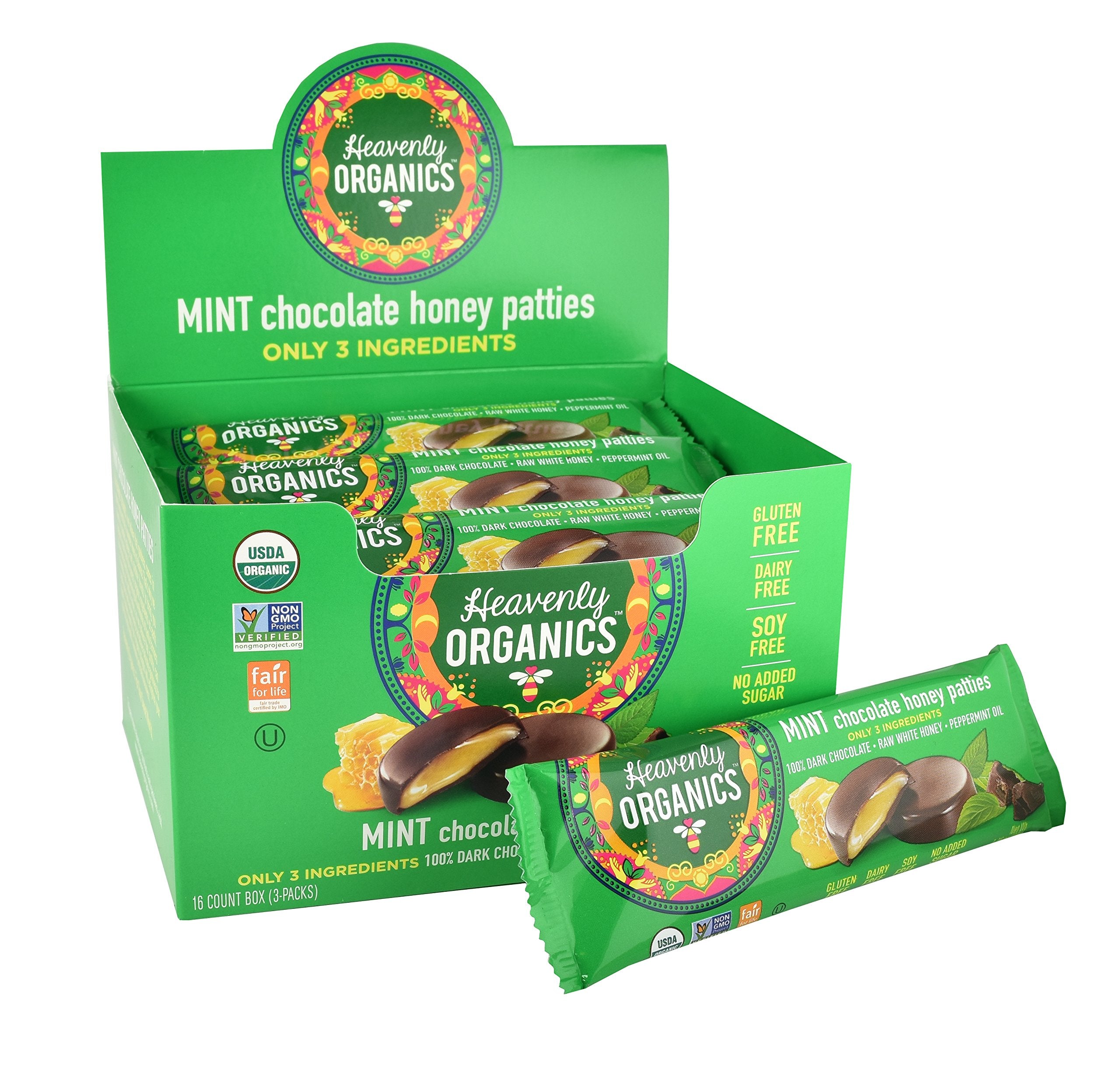 Heavenly Organics mint chocolate honey patties 16-pack, delicious organic treat with no added sugar