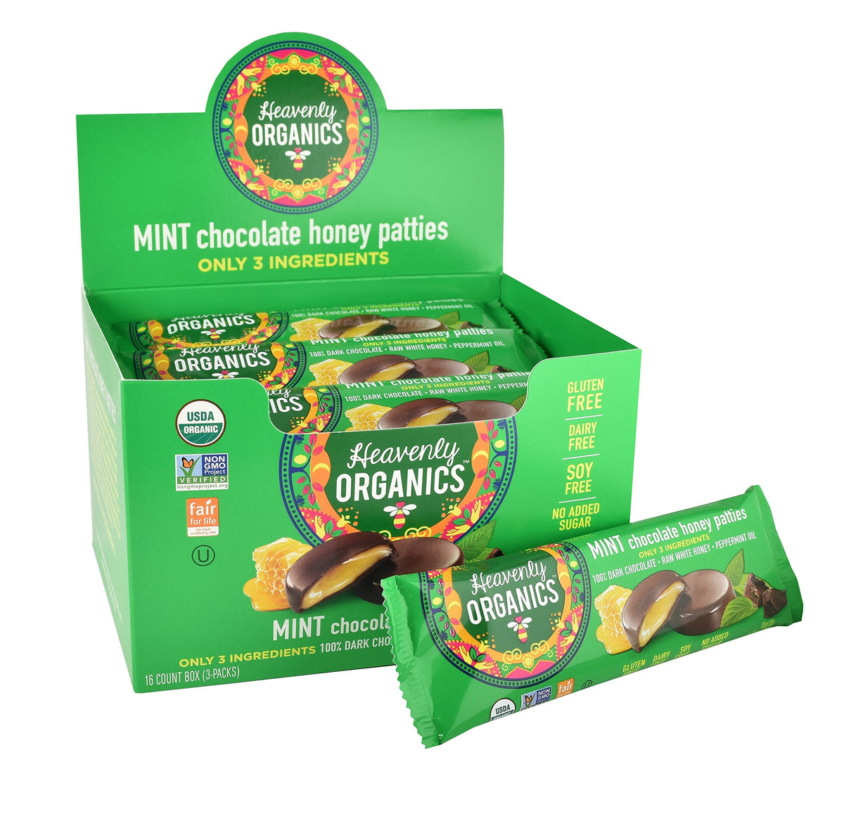 Heavenly Organics mint chocolate honey patties 16-pack, delicious organic treat with no added sugar