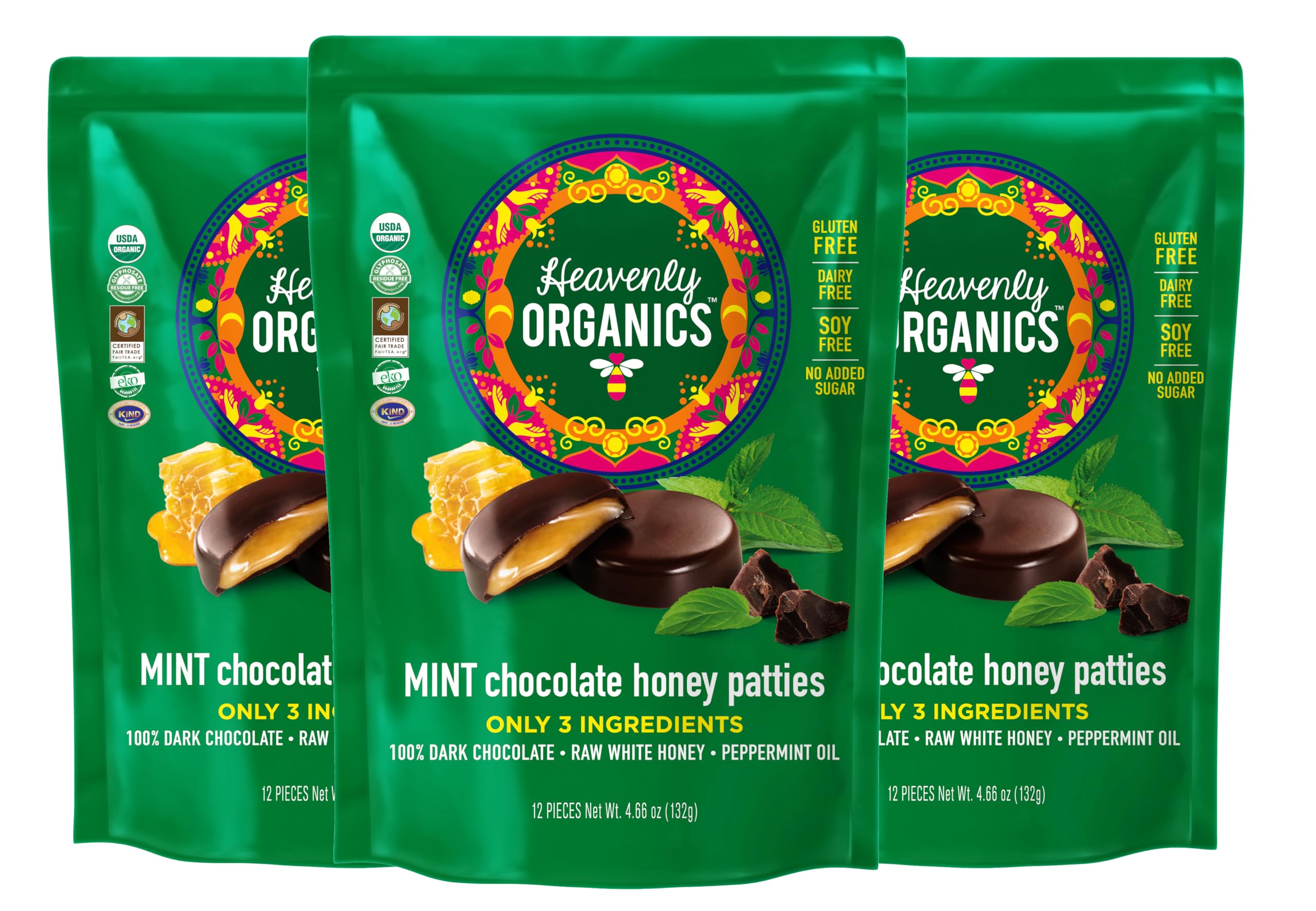 Heavenly Organics Mint Chocolate Honey Patties packaging, ideal for gifting or pantry use.