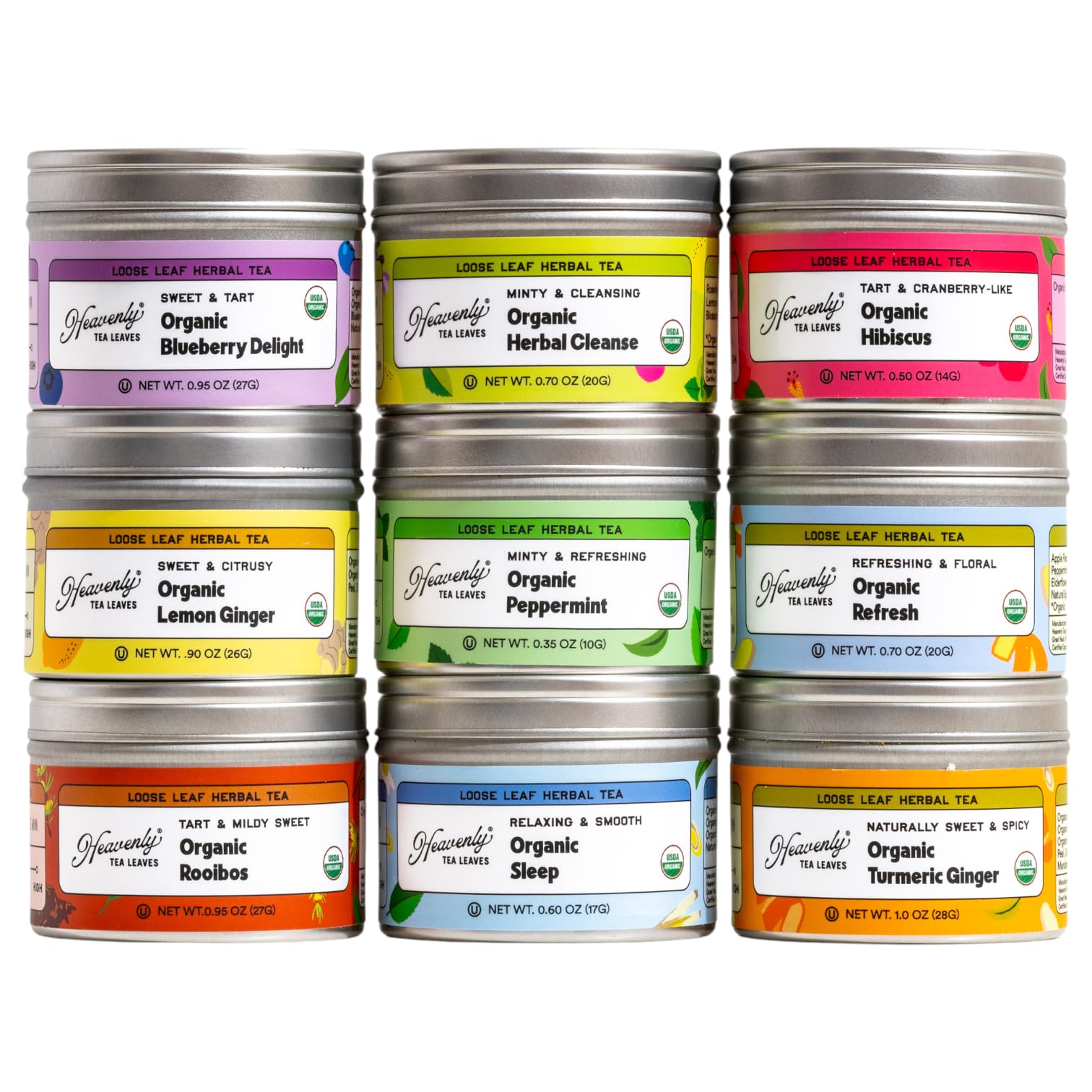 Nine organic herbal tea tins offering variety and caffeine-free options.