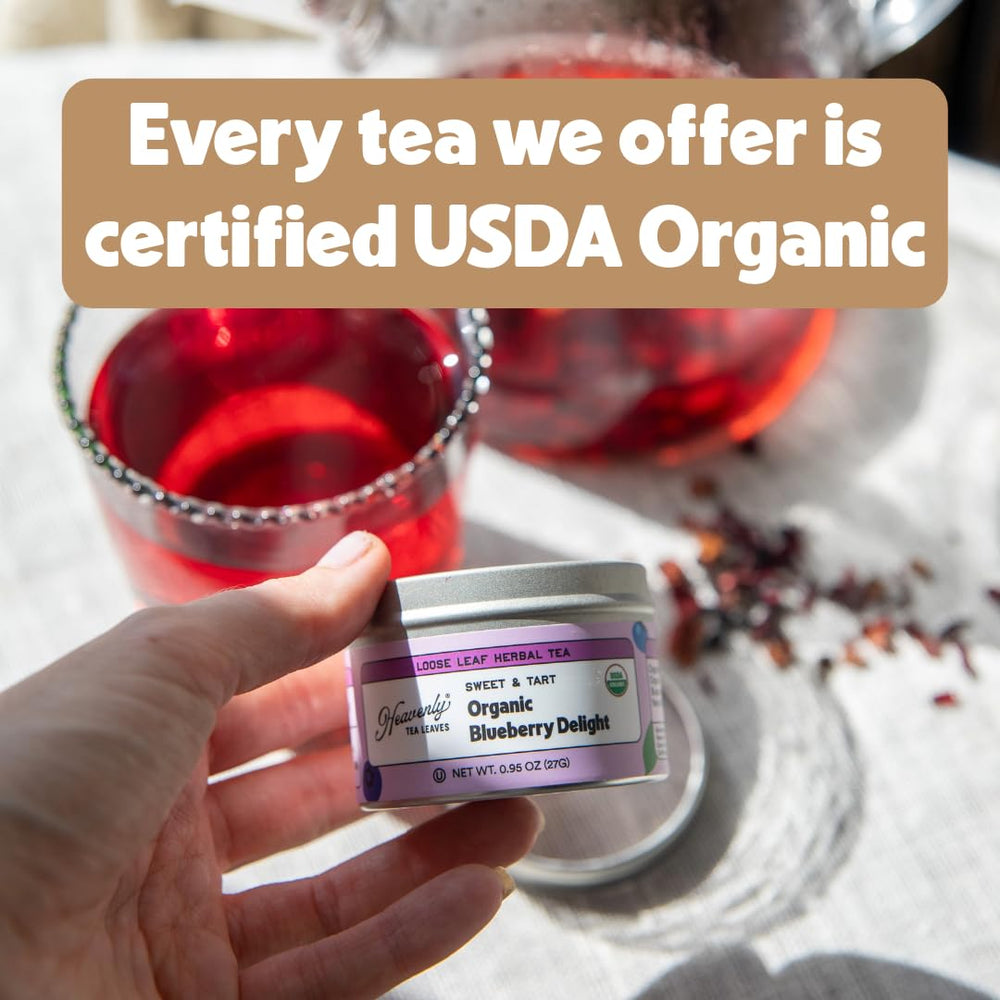 Heavenly Tea Leaves sampler with USDA Organic and vegan marks.