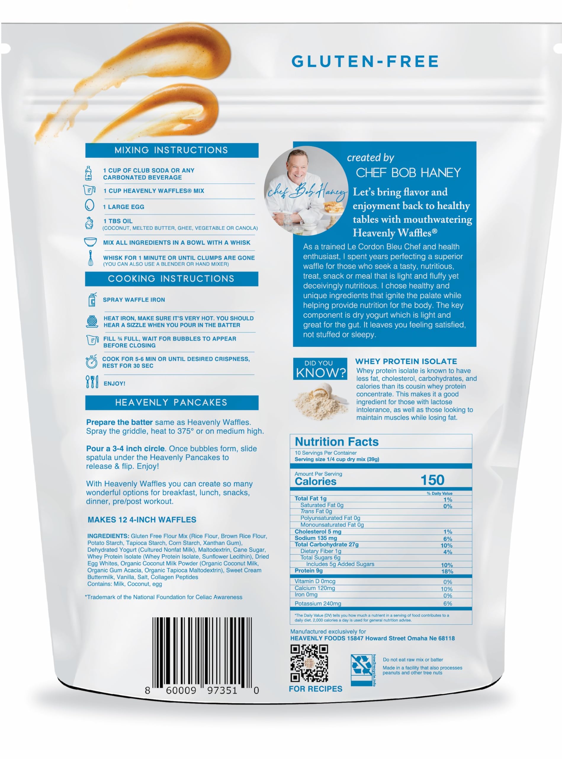 Heavenly Waffles Mix gluten-free packaging signals allergen-friendly morning option
