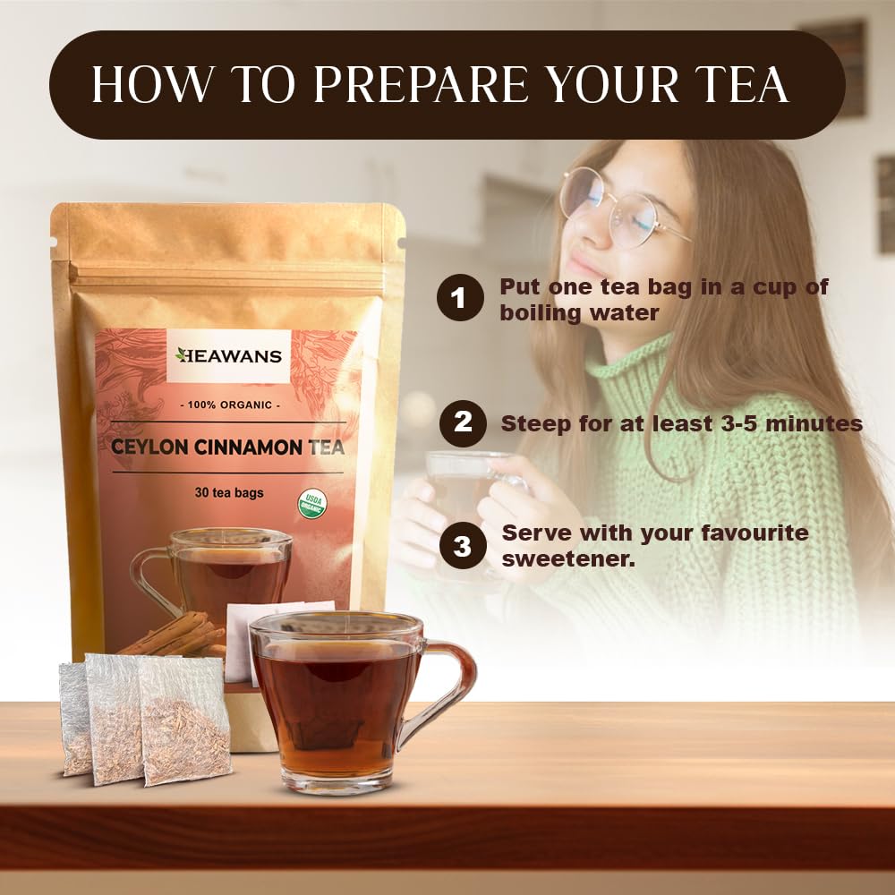 Closeup of cinnamon in Heawans tea bags highlights natural spice.