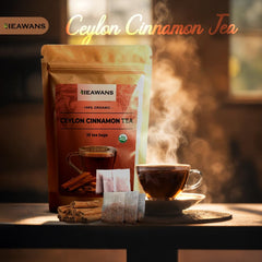 Heawans Organic Ceylon Cinnamon Tea Bags steeping cup shows warm aroma.