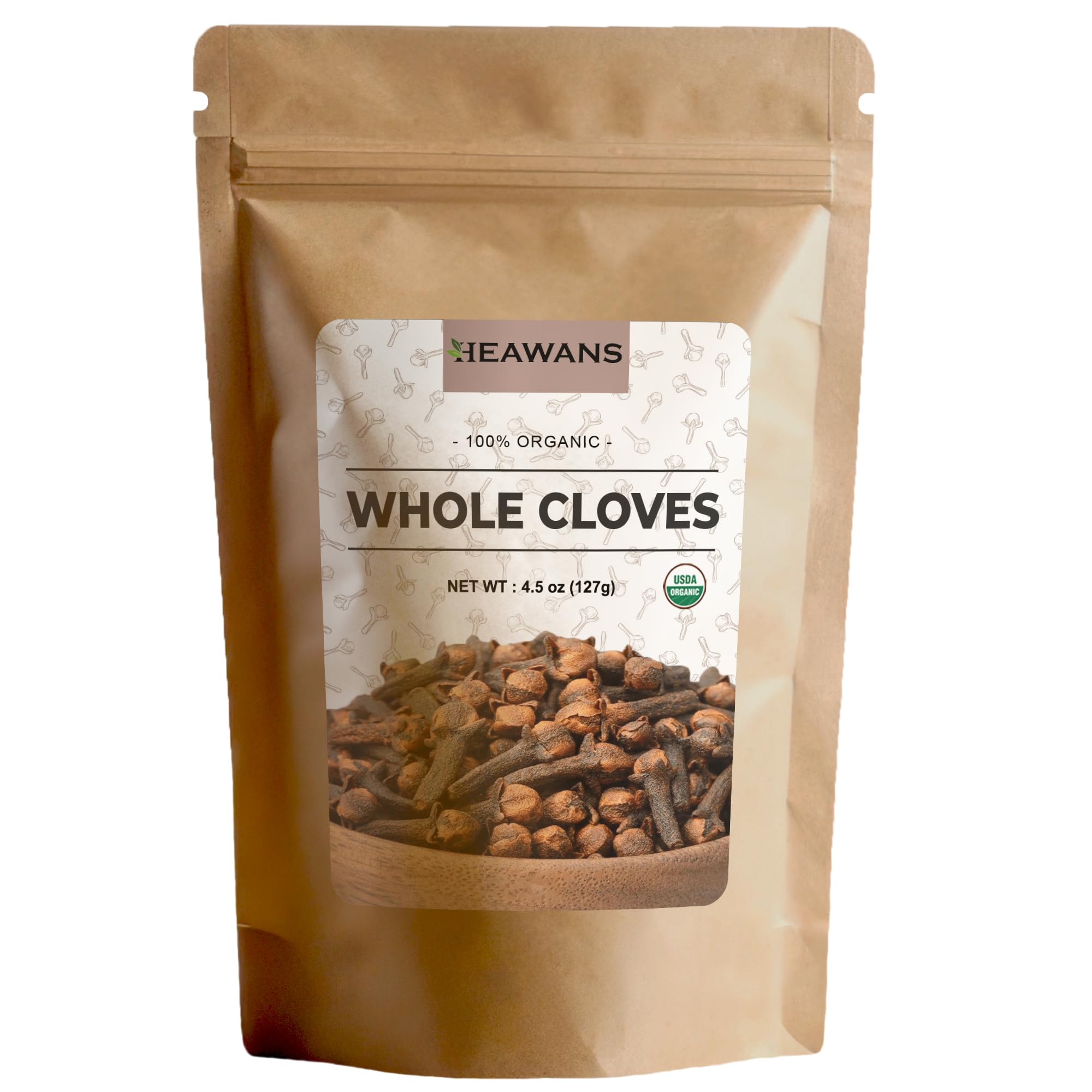 Heawans organic whole cloves in a jar closeup with rich aroma.