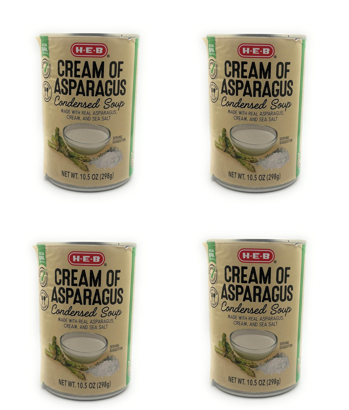 HEB Cream of Asparagus Condensed Soup four-pack cans for quick meals