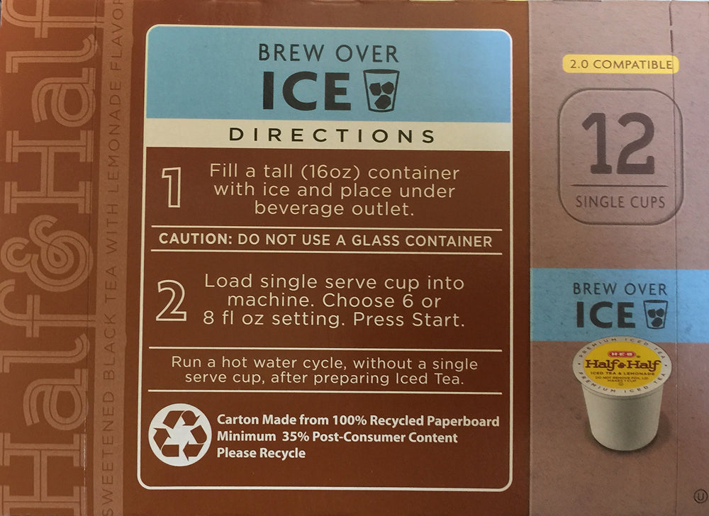 HEB half and half iced tea lemonade single cups close-up natural flavors label