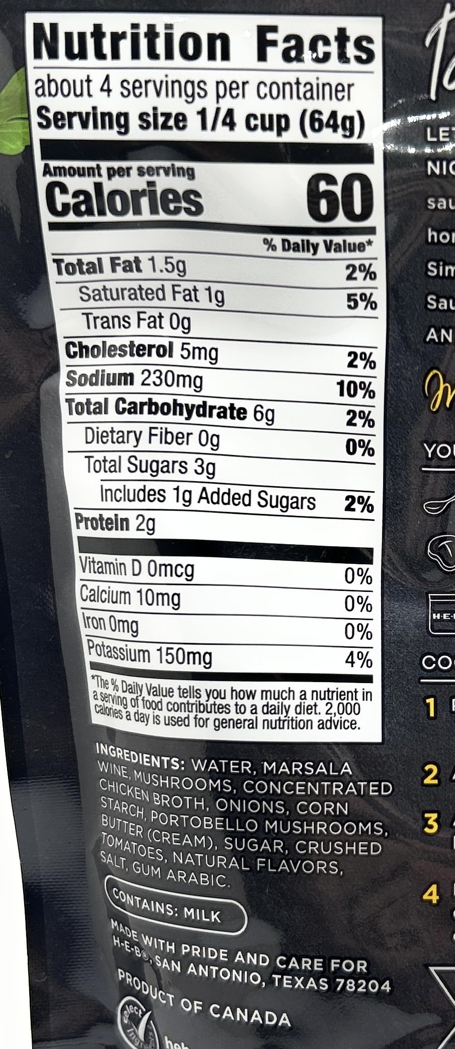 HEB Marsala sauce label shows 9oz, ideal for quick, flavorful pan sauces.