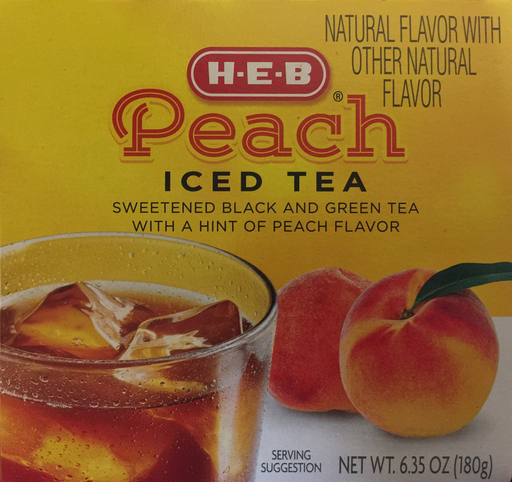 HEB Peach Iced Tea serving in glass cup for a refreshing sip.