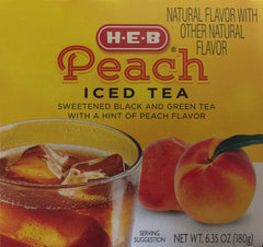 HEB Peach Iced Tea serving in glass cup for a refreshing sip.