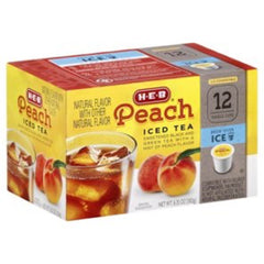 HEB Peach Iced Tea cups packaging offers convenient ready-to-use servings.
