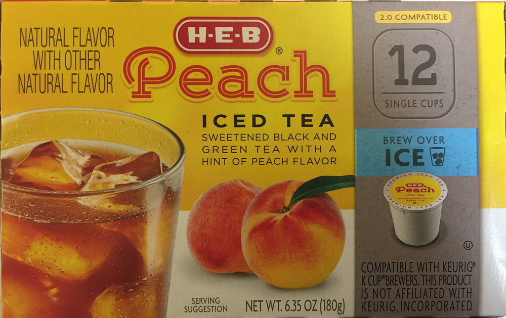 HEB Peach Iced Tea pour-ready cups for instant flavor.