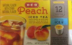 HEB Peach Iced Tea pour-ready cups for instant flavor.