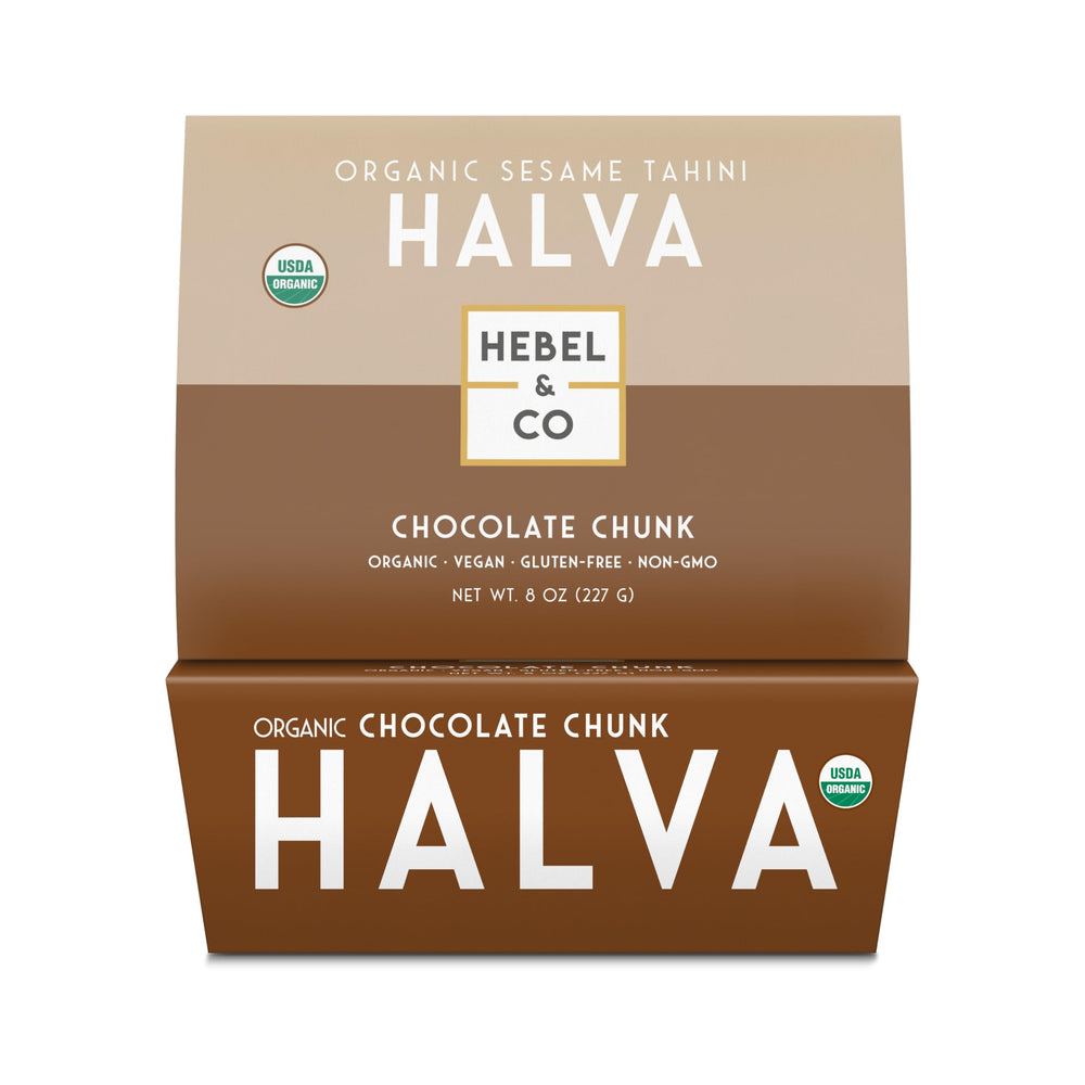 HEBEL & CO chocolate chunk halva 8oz pack, premium texture ideal for gifting.