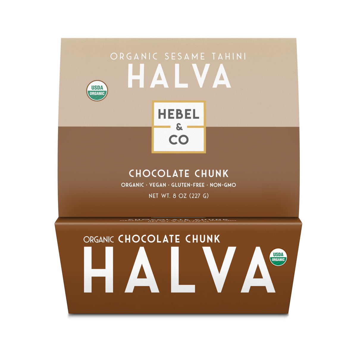 HEBEL & CO chocolate chunk halva 8oz pack, premium texture ideal for gifting.