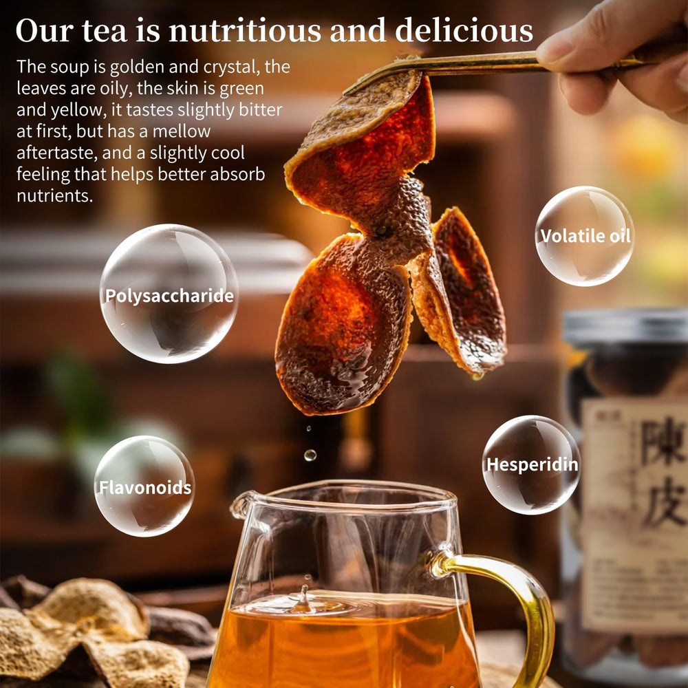Amber tea infusion from Chen Pi reveals citrus notes and a smooth finish.