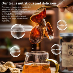 Amber tea infusion from Chen Pi reveals citrus notes and a smooth finish.