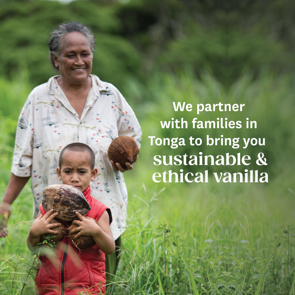 Sustainability badge on Heilala paste signals ethical vanilla sourcing.