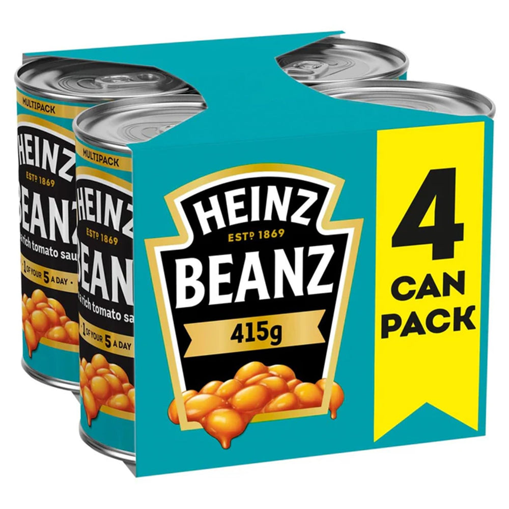 Heinz Baked Beans 415g four-pack front view for easy pantry stocking
