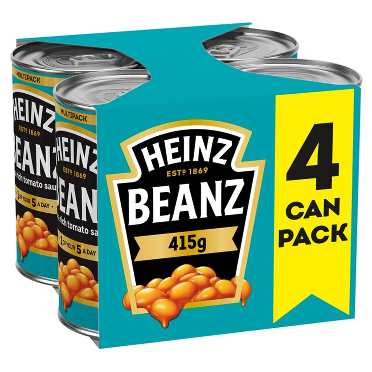 Heinz Baked Beans 415g four-pack front view for easy pantry stocking