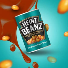 Heinz Baked Beans packaging close-up emphasizes convenient family-sized can