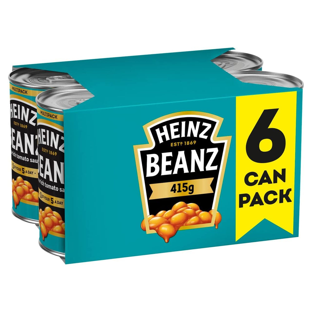 Heinz Baked Beanz pack of six cans for quick pantry meals.