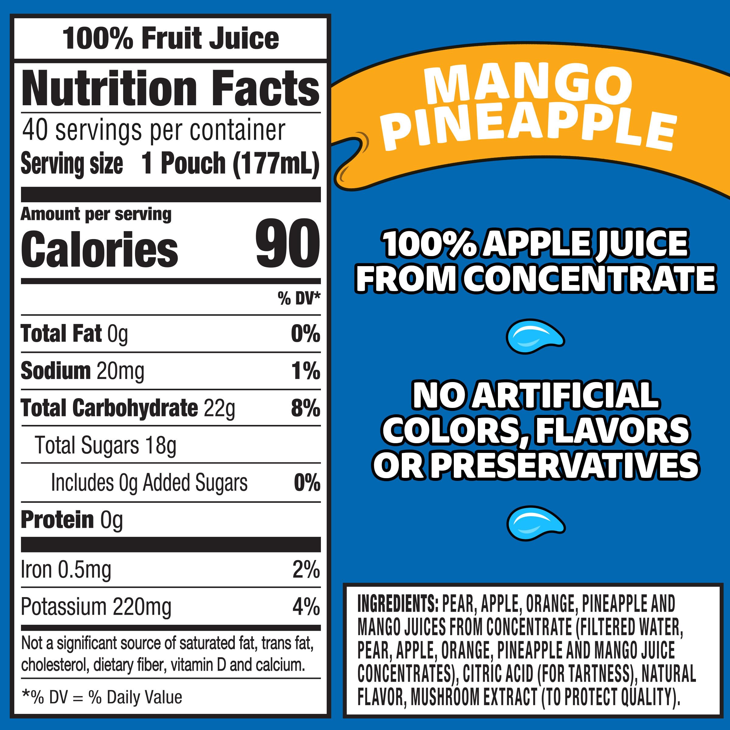 HEINZ Capri Sun Mango Pineapple pouch back shows ingredients and nutrition.