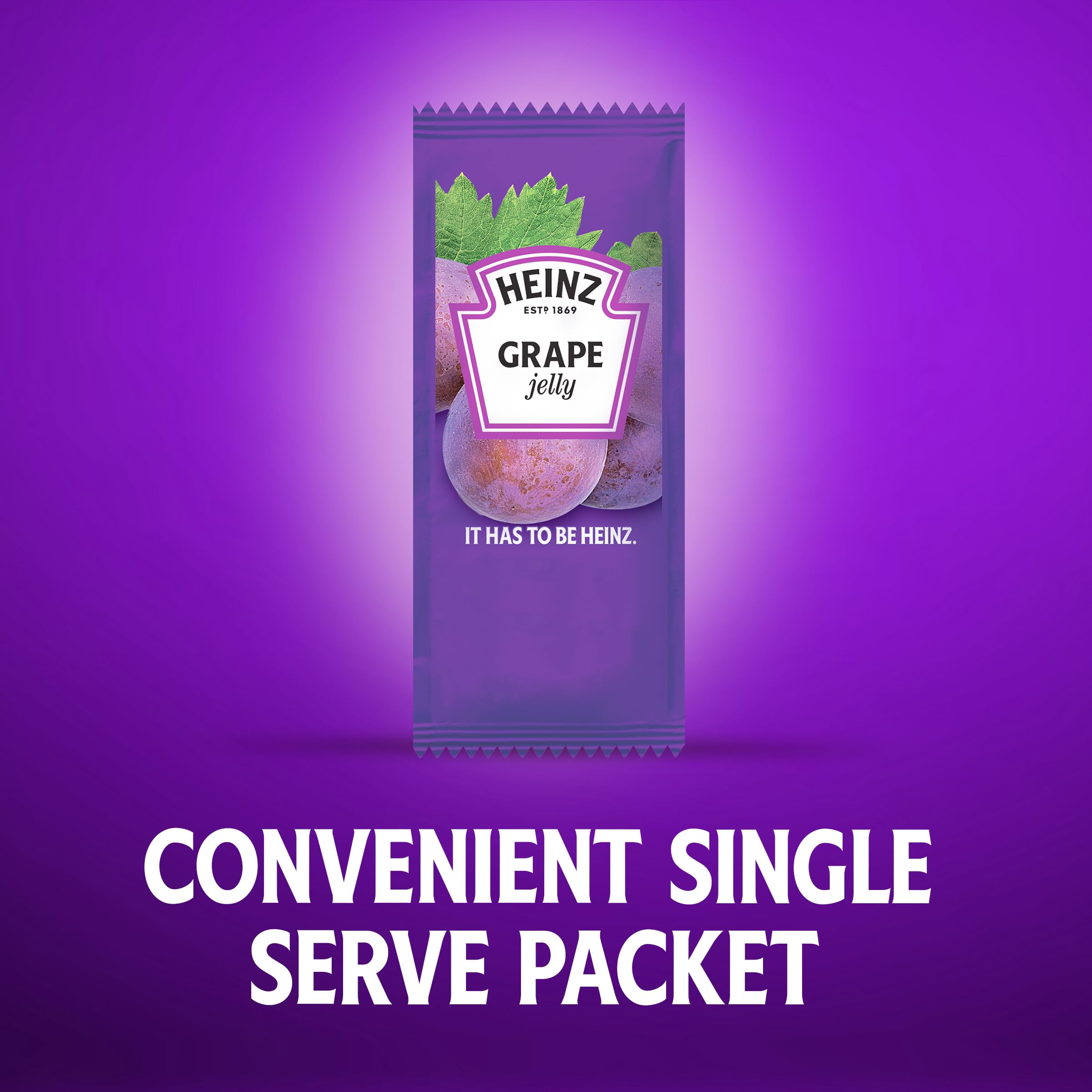 Case of Heinz Grape Jelly packets stocked for cafeterias and kitchens.
