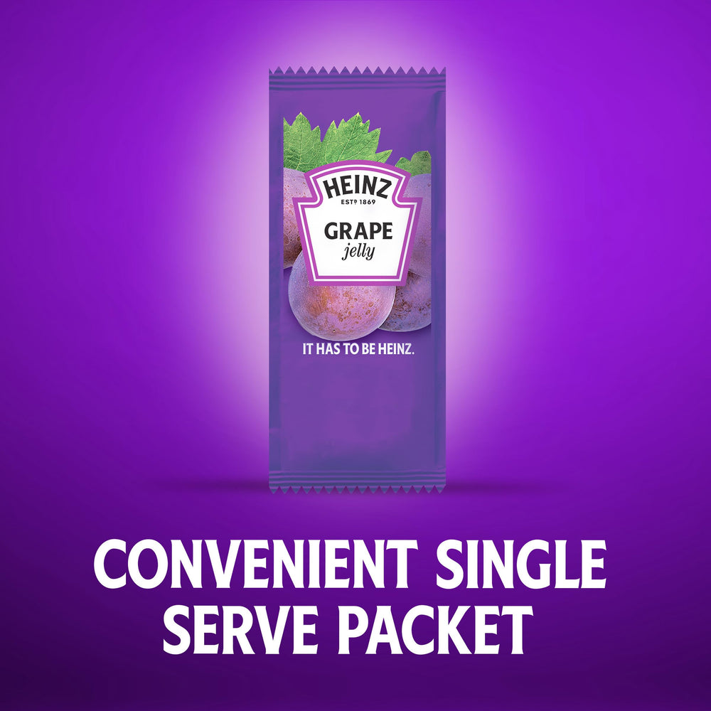Case of Heinz Grape Jelly packets stocked for cafeterias and kitchens.