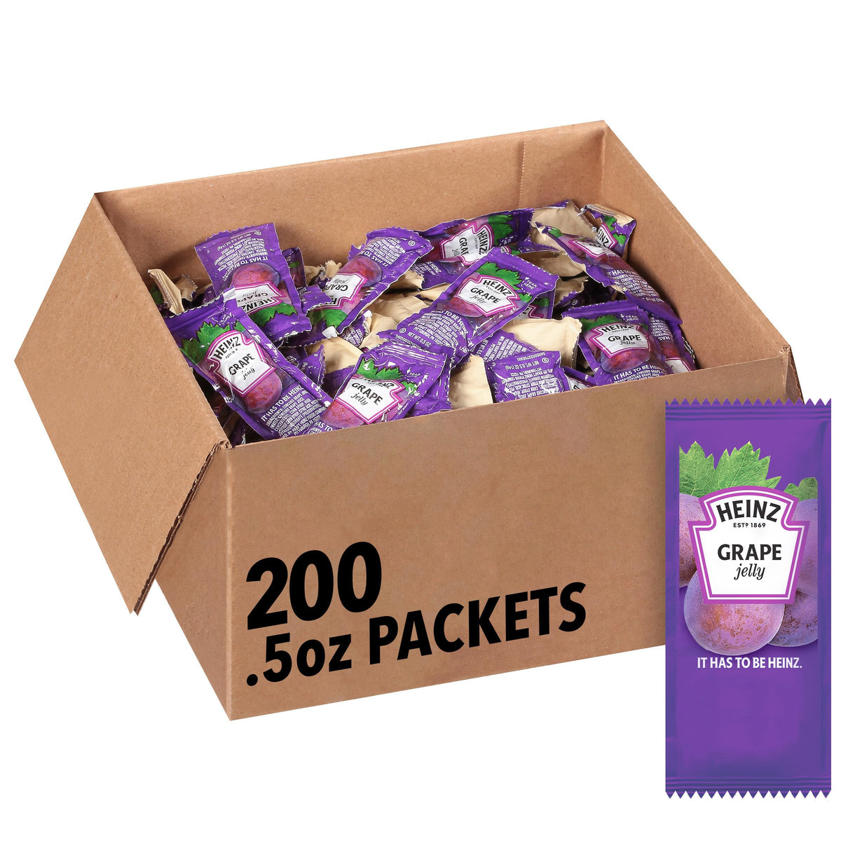 Heinz Grape Jelly packets front view, ideal for quick breakfast service.