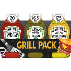 Heinz Grill Pack ketchup bottle closeup, ideal for burgers and hot dogs.