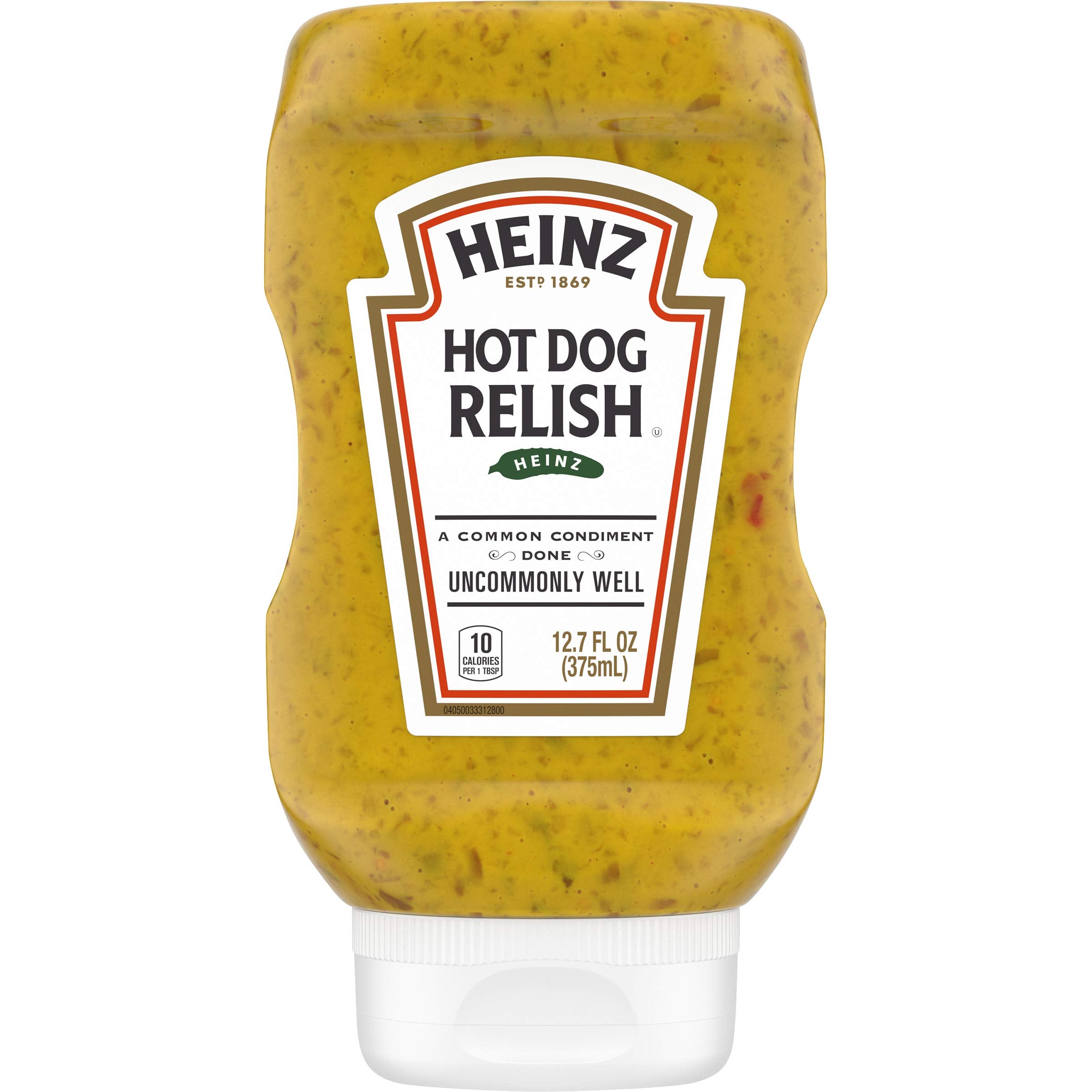 Heinz Hot Dog Relish bottle front view, ready to top hot dogs with crunchy cucumber bits.