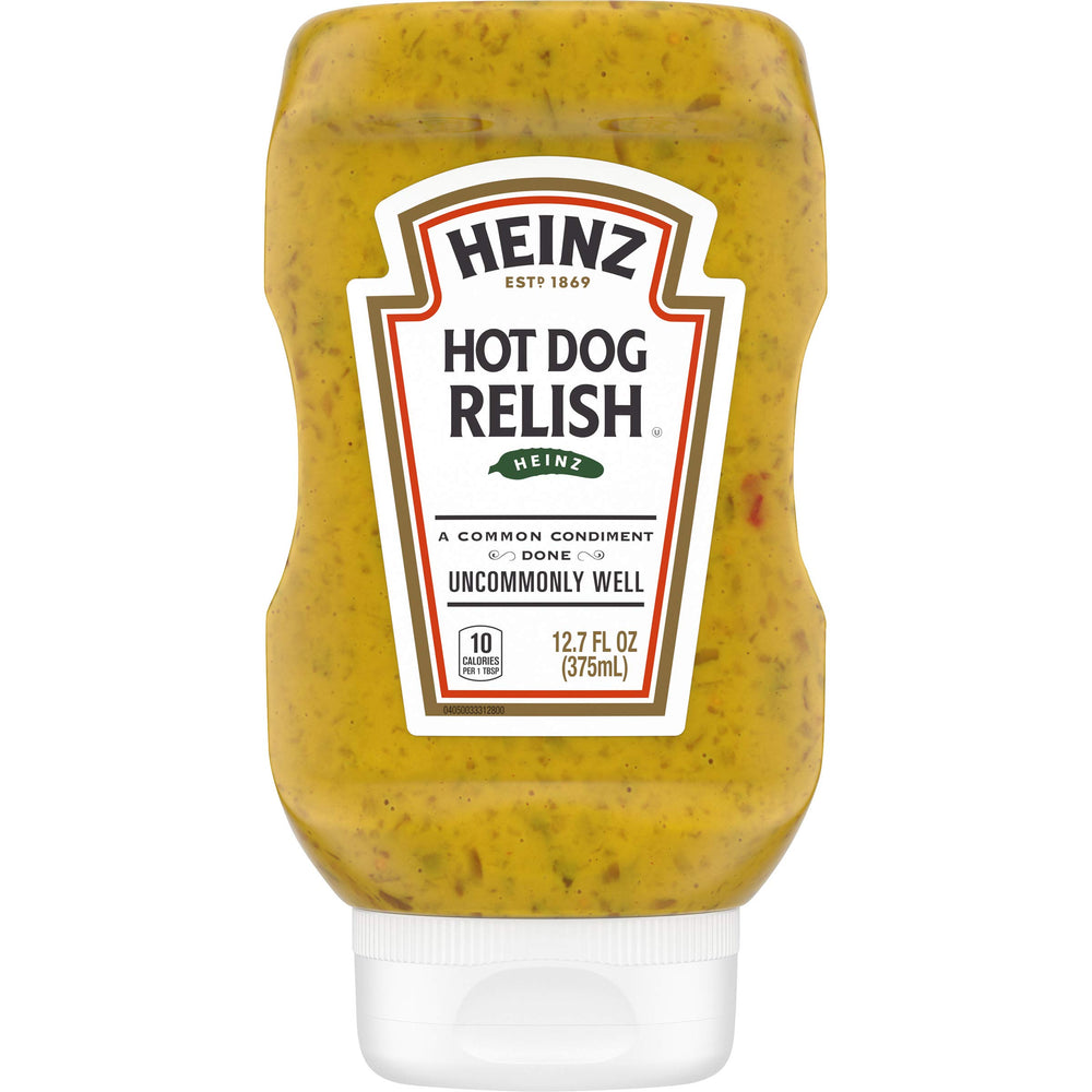 Heinz Hot Dog Relish bottle front view, ready to top hot dogs with crunchy cucumber bits.