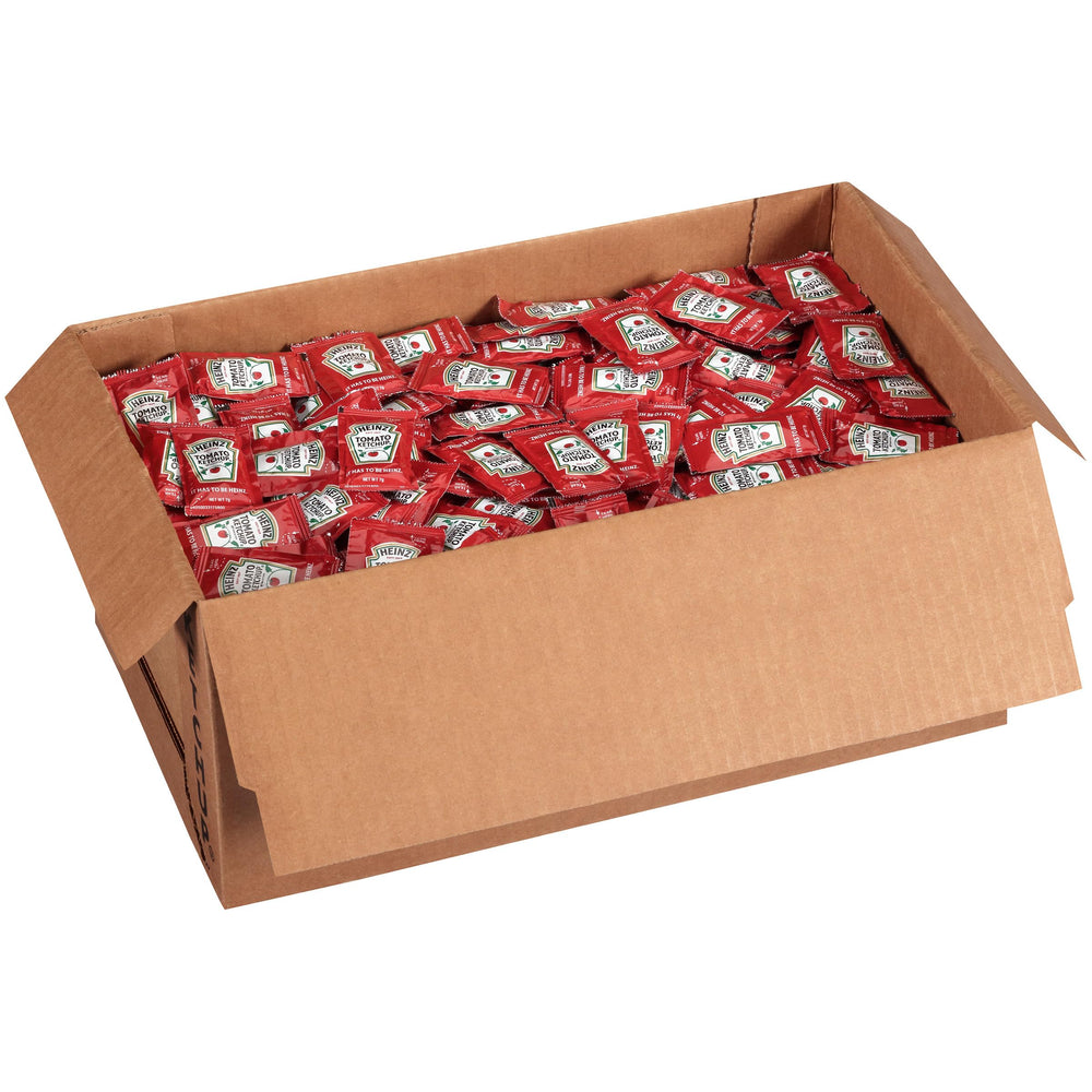 Bright red Heinz logo on single-serve packets for recognizable branding