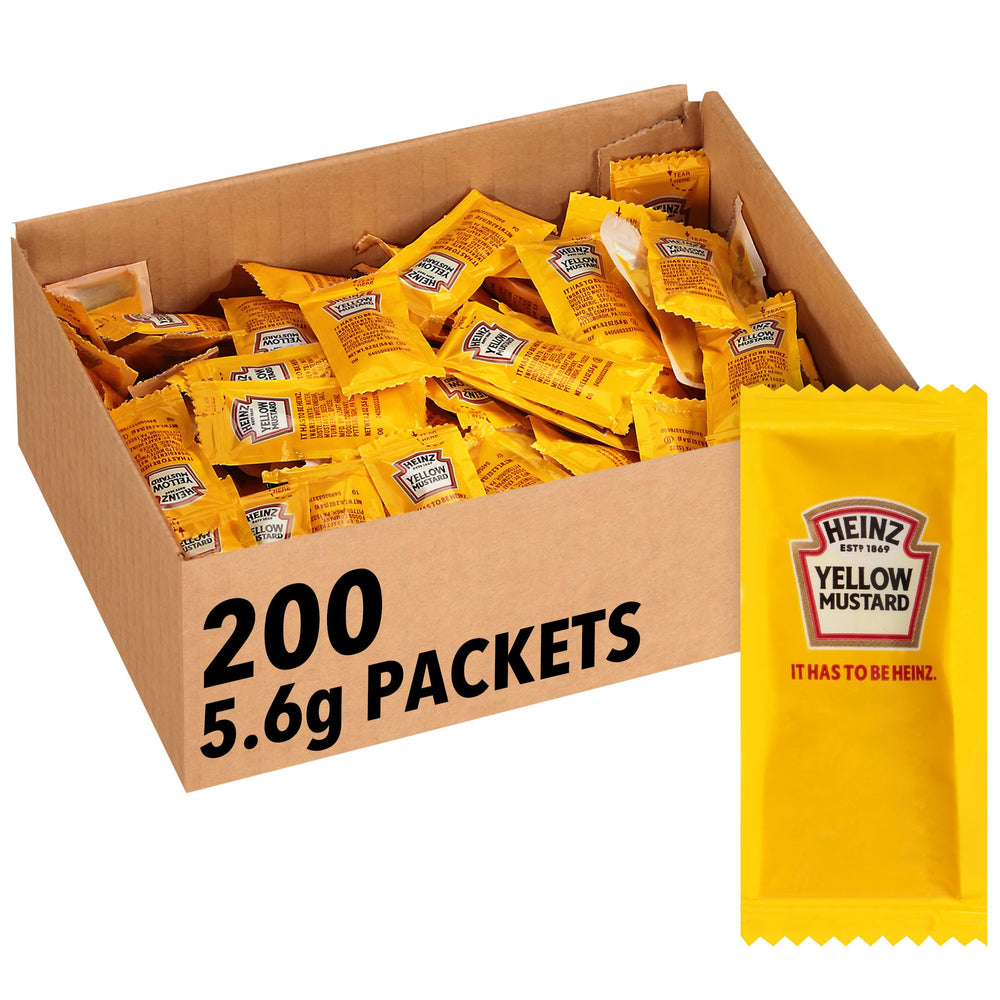 Heinz mild yellow mustard single-serve packet for school lunches.