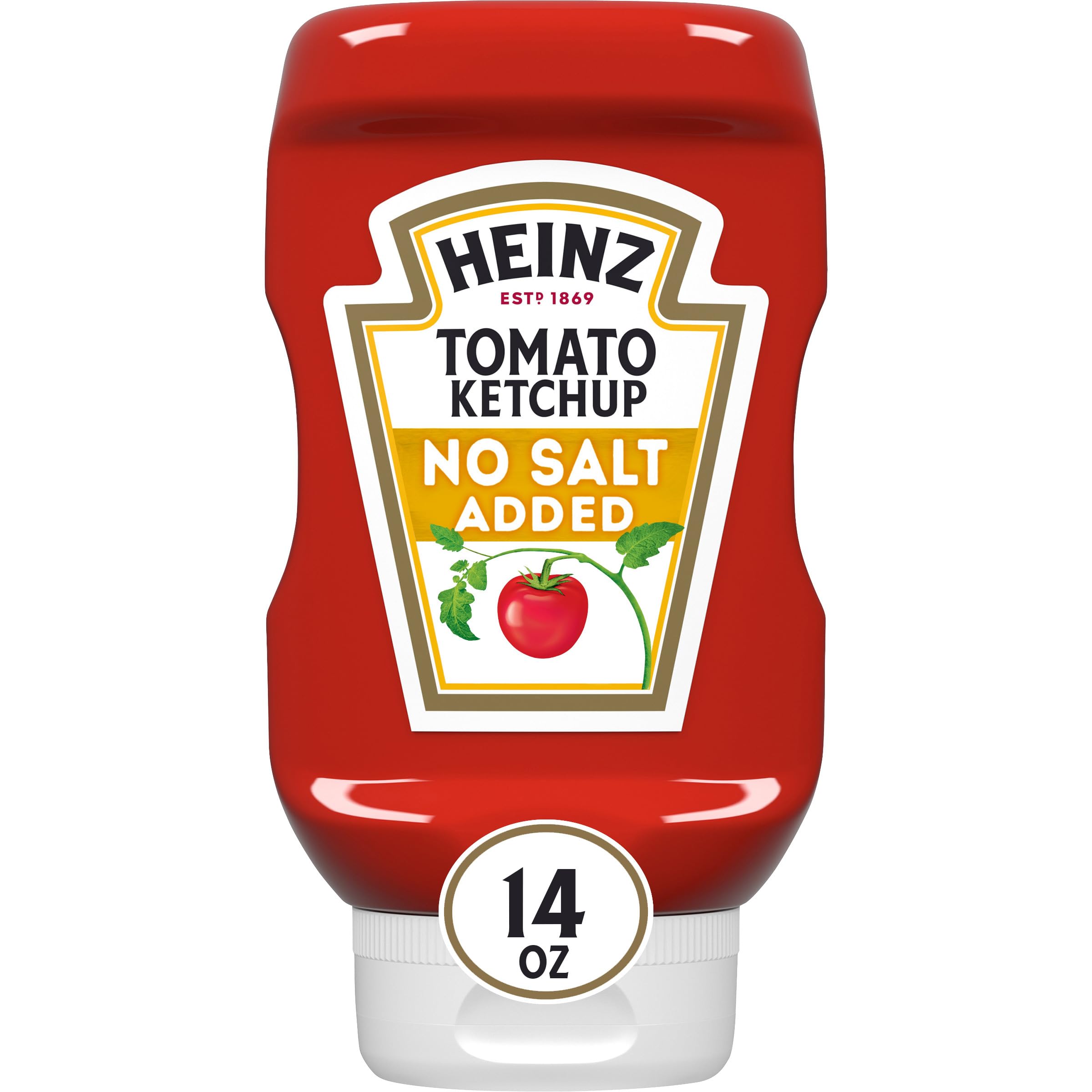 Heinz No Salt Added ketchup bottle front view with easy-squeeze top.