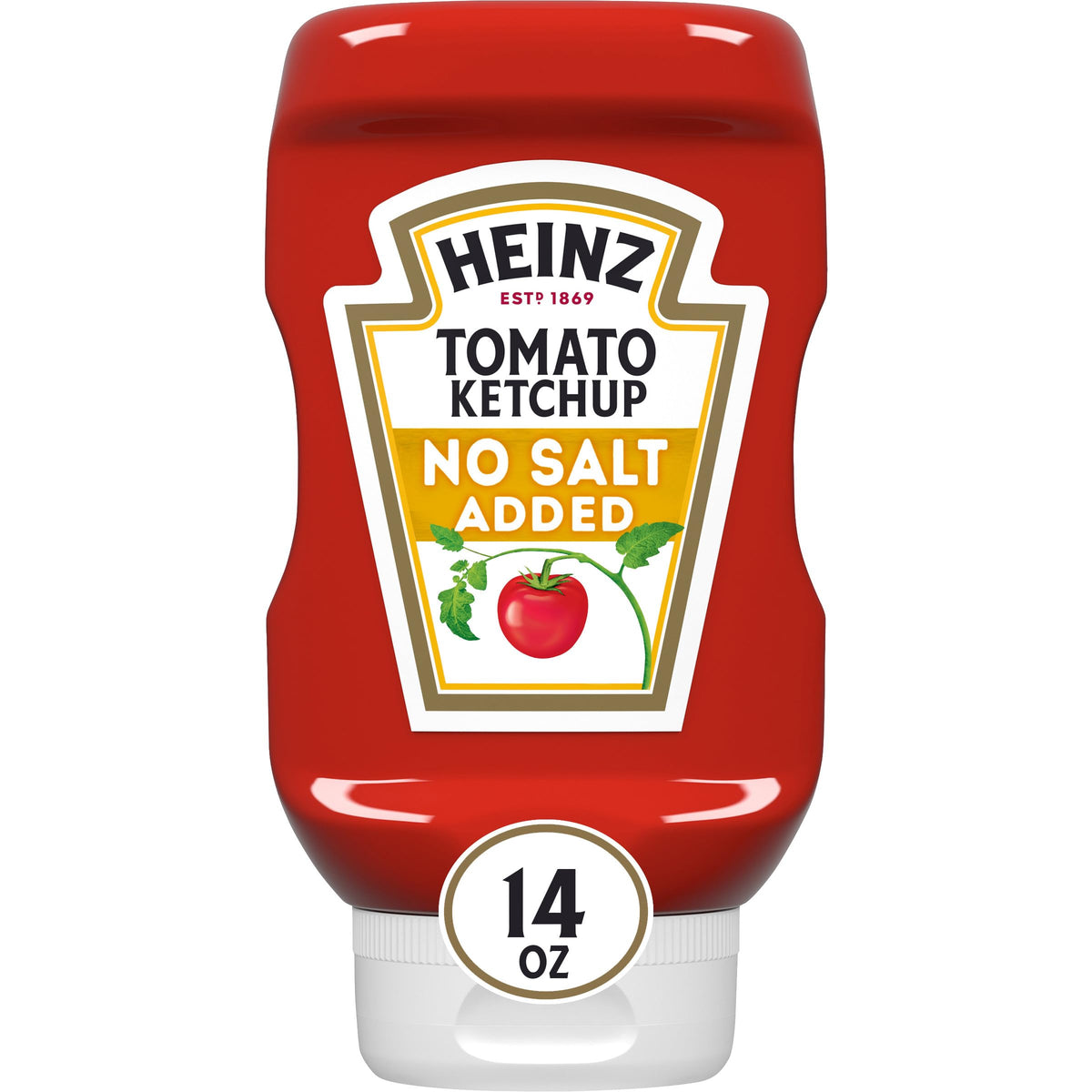 Heinz No Salt Added ketchup bottle front view with easy-squeeze top.