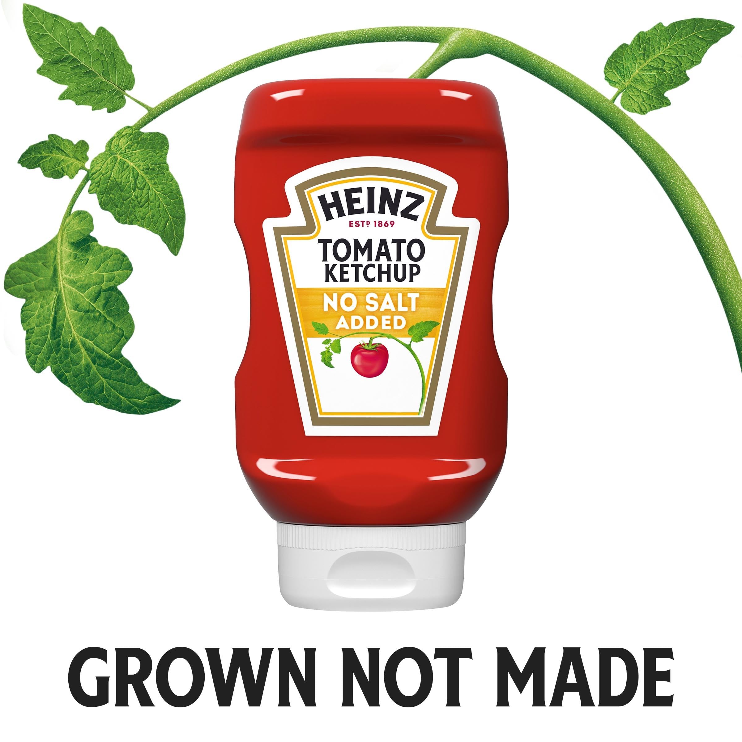 Family dinner scene showing Heinz No Salt Added bottle with flip cap.