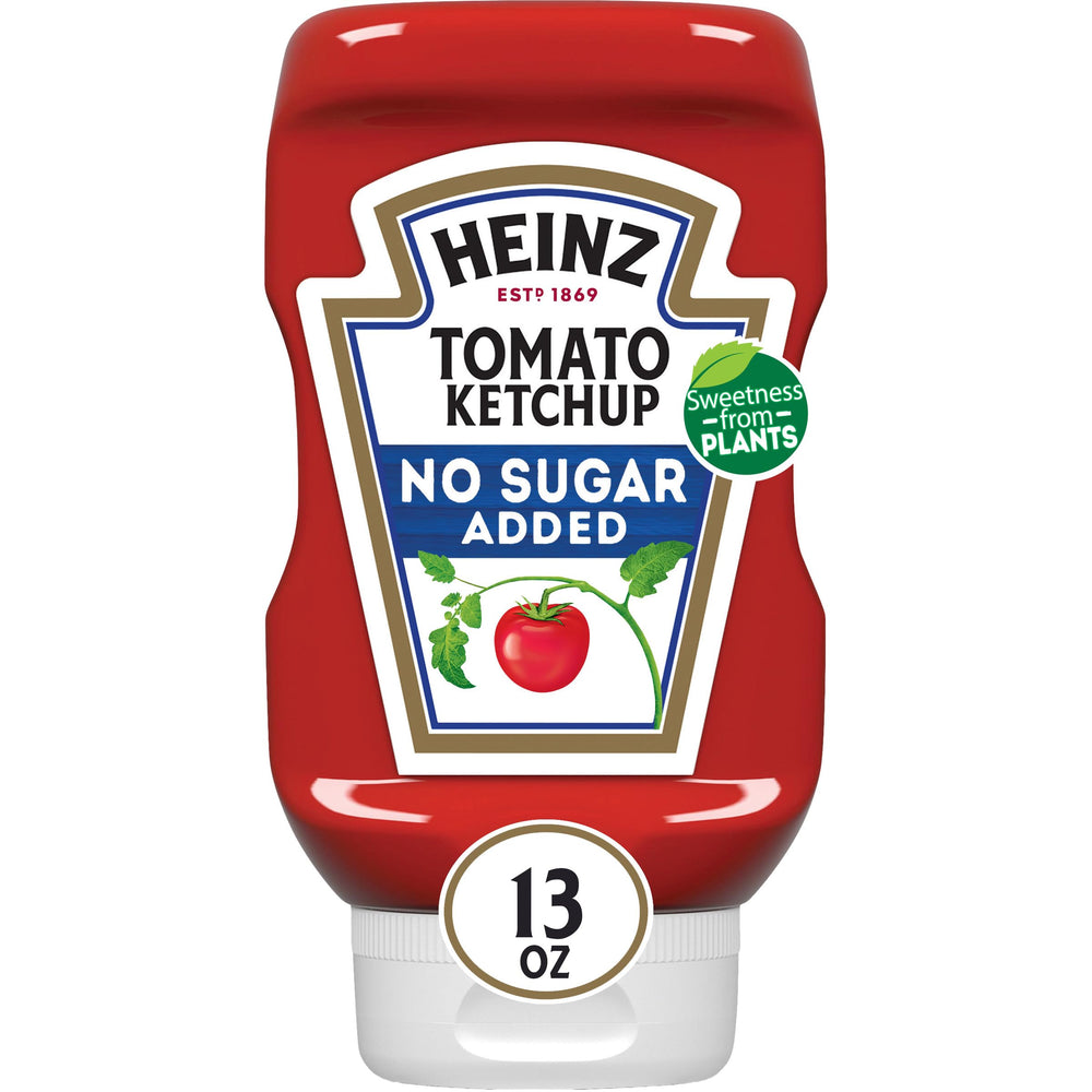 HEINZ No Sugar Added ketchup bottle on a table for easy family meals